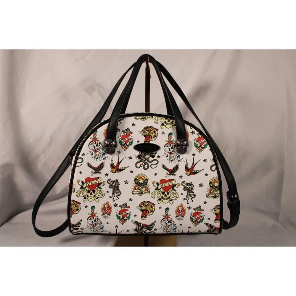 NWT Ed Hardy Insulated Lunch Tote Bag Satchel White Tattoo Flash Crossbody New